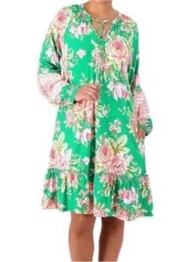 Tolani Green Floral Tie-Neck Ruffle Hem Dress